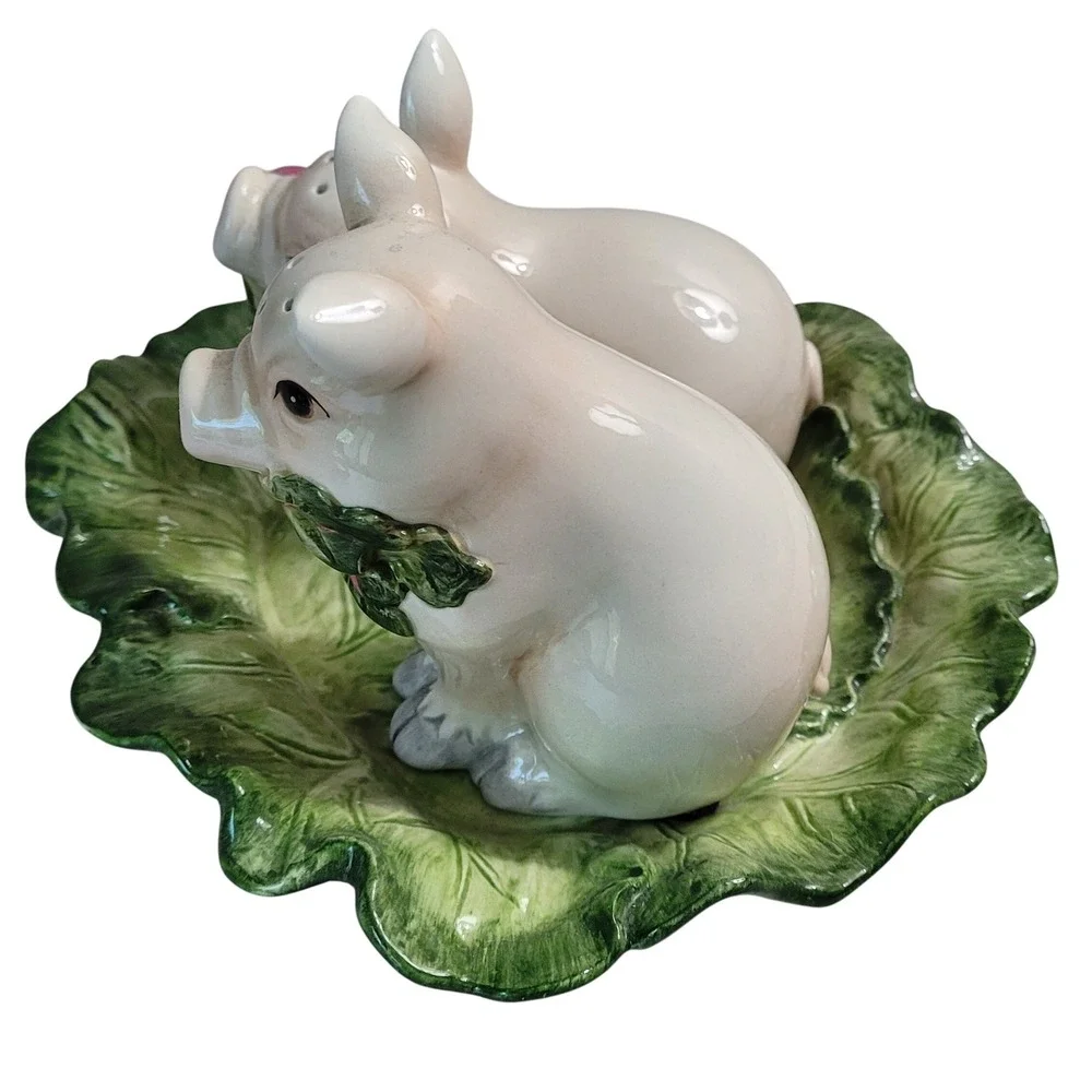 Fitz and Floyd French Market Pig Salt Pepper Shakers Cabbage Tray Set Ceramic